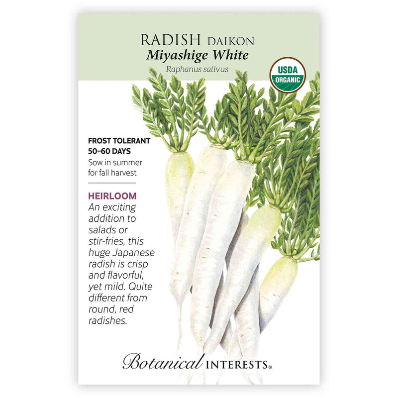 Seed packet for Radish Daikon Miyashige White with botanical illustration, USDA Organic label, and growing information.
