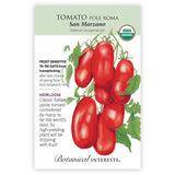 Botanical Interests seed packet for organic San Marzano Pole Roma tomato, illustrated with an elongated cluster of glossy red paste tomatoes on the vine, alongside text noting it's frost sensitive, indeterminate, heirloom, and matures in 70-90 days from transplanting.