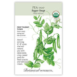 Front of an organic Botanical Interests seed packet for Sugar Snap Snap Pea Seeds displaying a USDA Organic seal, heirloom description, and a botanical illustration of green pea vines with hanging pods and small white blossoms.