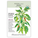 Seed packet for Shishito Chile Pepper featuring a botanical illustration of a leafy plant with clusters of slender green pods, some ripening to red, alongside white blossoms; text notes it's an heirloom, USDA Organic, frost sensitive, 60-75 days from transplanting, and describes it as a mild, sweet Japanese favorite great for grilling.