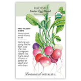 Back of a seed packet for Easter Egg Blend Radish Seeds featuring plant information, sowing instructions, a variety description, and a line drawing of a radish seedling.