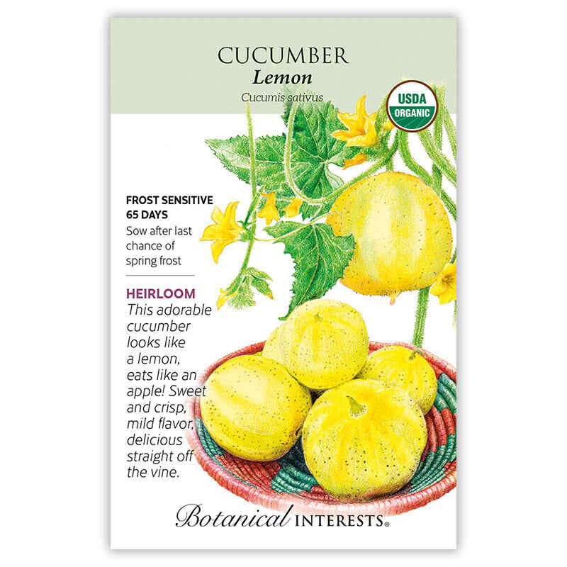 Cucumber Lemon seed packet with botanical illustration and information