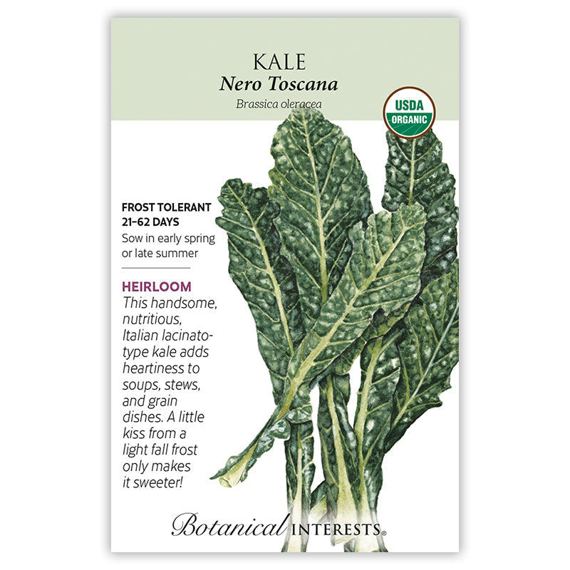 Seed packet for Botanical Interests organic heirloom Kale Nero Toscana, illustrated with long, deeply crinkled dark green lacinato-type leaves and pale stems, and text noting it's frost tolerant, matures in 21-62 days, and ideal for soups, stews, and grain dishes.
