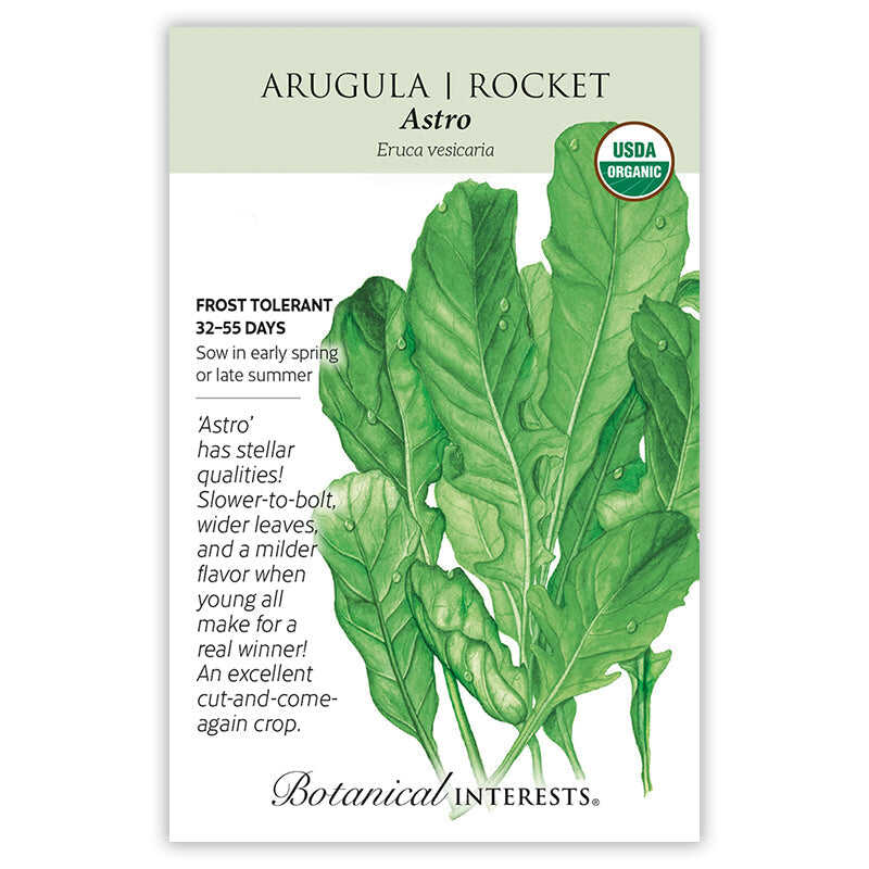 Seed packet for Astro Arugula/Rocket featuring a watercolor illustration of wide, dew-dropped green leaves, a USDA Organic seal, and text noting frost tolerance, 32–55 day maturity, and its mild flavor as a cut-and-come-again crop.