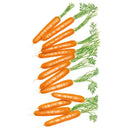 Illustration of small, slender orange carrots arranged in overlapping rows, each with fine feathery green tops still attached, shown on a white background.