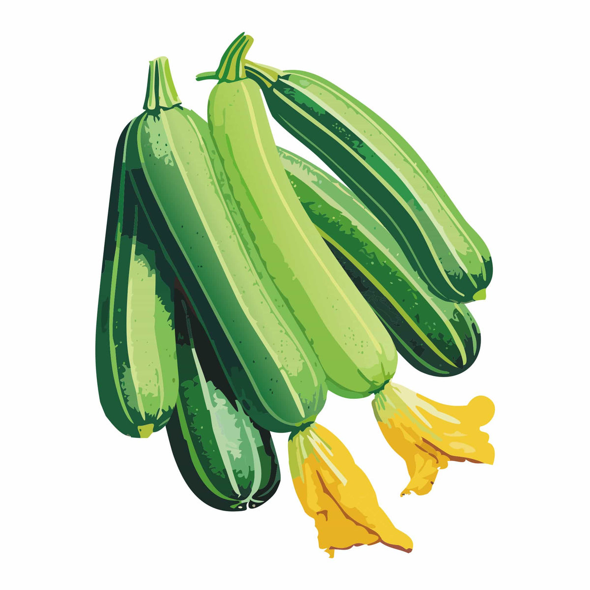 Detailed botanical illustration of long, dark green striped Cocozelle Summer Squash with bright yellow squash blossoms, isolated on a plain white background.