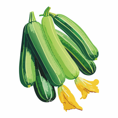 Detailed botanical illustration of long, dark green striped Cocozelle Summer Squash with bright yellow squash blossoms, isolated on a plain white background.