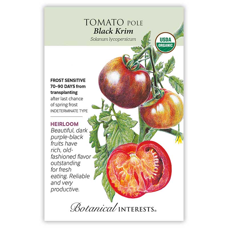 Seed packet for Black Krim Pole Tomato, USDA Organic, illustrated with dark purple-black tomatoes on the vine and a halved fruit showing red flesh, with text noting it's frost sensitive, 70-90 days from transplanting, indeterminate, heirloom, and productive.