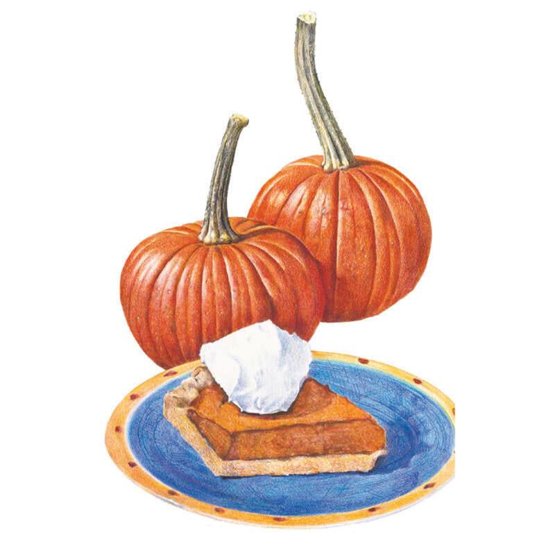 Illustration of two ribbed orange sugar pie pumpkins with curved stems behind a blue plate holding a slice of pumpkin pie topped with whipped cream.
