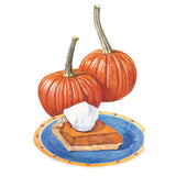 Illustration of two ribbed orange sugar pie pumpkins with curved stems behind a blue plate holding a slice of pumpkin pie topped with whipped cream.