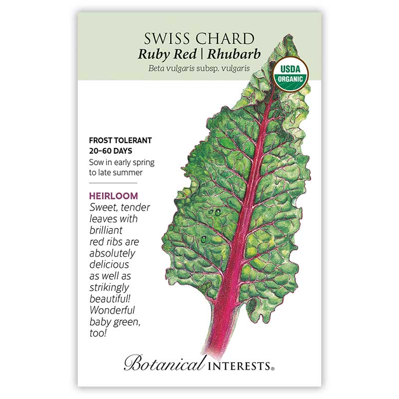 Seed packet for Ruby Red/Rhubarb Swiss Chard, USDA Organic certified, featuring an illustrated crinkled green leaf with a vivid magenta-red stem and veins, alongside text noting it's frost tolerant, heirloom, ready in 20–60 days, and sown early spring to late summer.