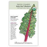 Seed packet for Ruby Red/Rhubarb Swiss Chard, USDA Organic certified, featuring an illustrated crinkled green leaf with a vivid magenta-red stem and veins, alongside text noting it's frost tolerant, heirloom, ready in 20–60 days, and sown early spring to late summer.