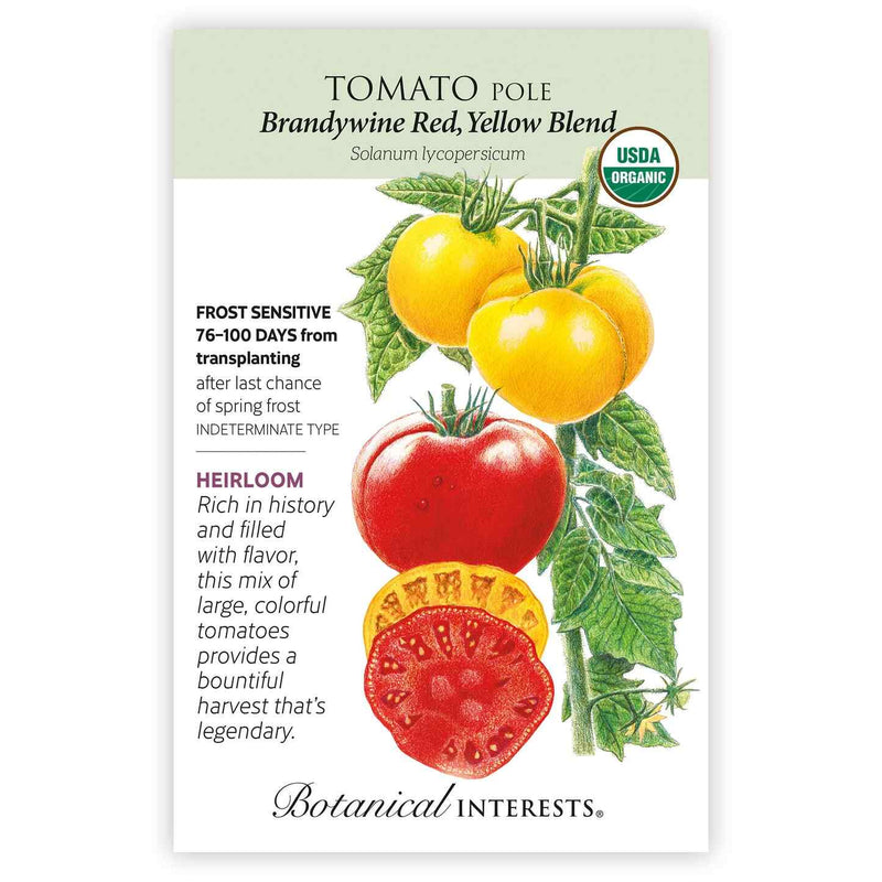 Botanical Interests seed packet for Brandywine Red & Yellow Blend Pole Tomato, illustrated with a leafy vine bearing round yellow tomatoes and a red tomato, with sliced cross-sections showing seedy interiors, alongside a USDA Organic seal and printed text noting frost sensitivity, 76–100 days to harvest, indeterminate heirloom type.