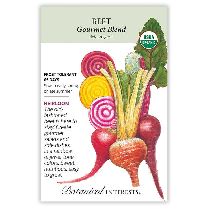 Front of an organic Botanical Interests seed packet for Gourmet Blend Beet Seeds displaying a USDA Organic seal, heirloom description, and a botanical illustration of sliced and whole beets in red, yellow, and striped pink-and-white colors.
