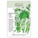 Front of an organic Botanical Interests seed packet for Blue Lake 274 Bush Bean Seeds displaying a USDA Organic seal, heirloom description, and a botanical illustration of green bean vines, hanging pods, and small purple blossoms.