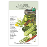 Seed packet for Cucumber Homemade Pickles with botanical illustration, USDA Organic label, and growing information.
