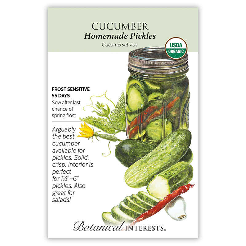 Seed packet for Cucumber Homemade Pickles with botanical illustration, USDA Organic label, and growing information.