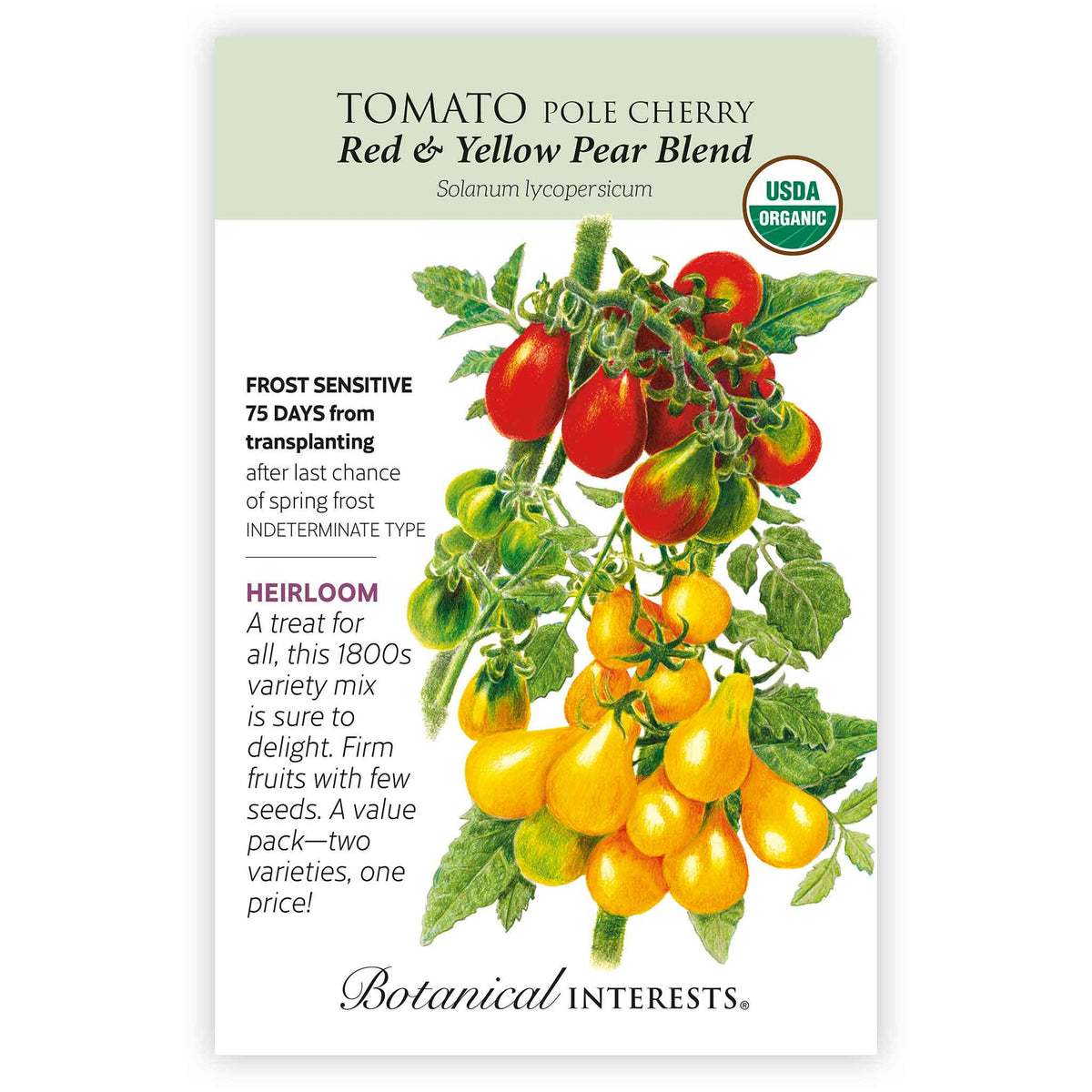 Botanical Interests seed packet for Red & Yellow Pear Blend Pole Cherry Tomato, illustrated with clusters of small red and yellow pear-shaped tomatoes on a vine, with text noting it's a USDA organic, frost-sensitive, indeterminate heirloom variety maturing in 75 days.