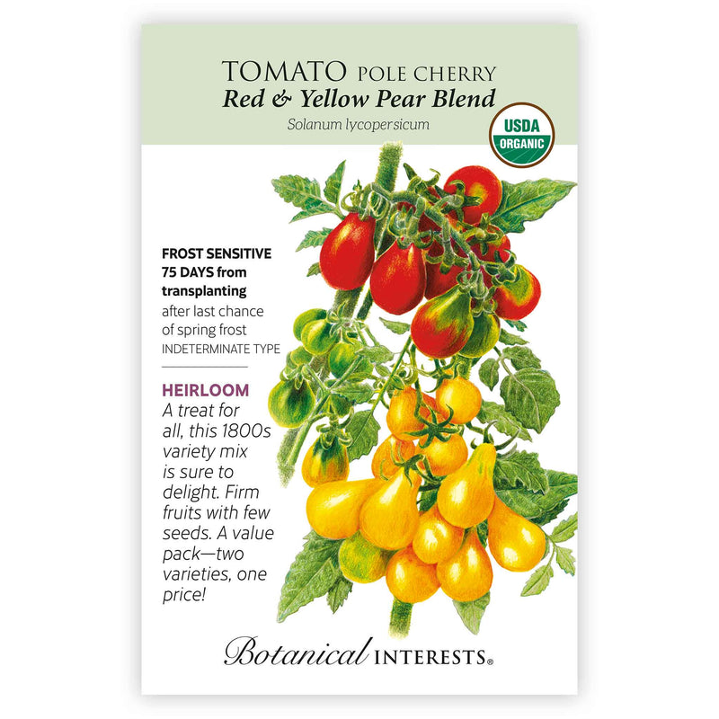 Botanical Interests seed packet for Red & Yellow Pear Blend Pole Cherry Tomato, illustrated with clusters of small red and yellow pear-shaped tomatoes on a vine, with text noting it's a USDA organic, frost-sensitive, indeterminate heirloom variety maturing in 75 days.