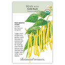 Botanical Interests Bean Bush Gold Rush seed packet featuring a USDA Organic seal, detailed product details and illustration of yellow bean pods and green leaves
