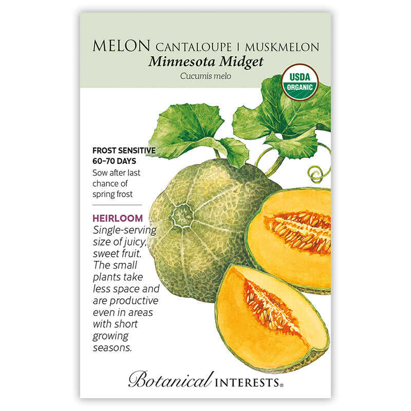 Melon seed packet with images of cantaloupe and muskmelon, botanical information
