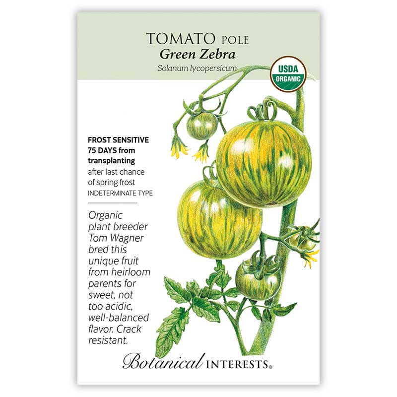 Botanical Interests seed packet for organic Green Zebra Pole Tomato, illustrated with striped yellow-green tomatoes and yellow blossoms on the vine, plus text noting frost sensitivity, 75 days to maturity, indeterminate growth, and a crack-resistant, well-balanced flavor.