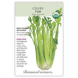 Seed packet for Botanical Interests Heirloom Organic Utah Celery, featuring a detailed illustration of pale green celery stalks with leafy tops, alongside text noting it's frost tolerant, matures in 100-120 days, and is good for soups and stews.