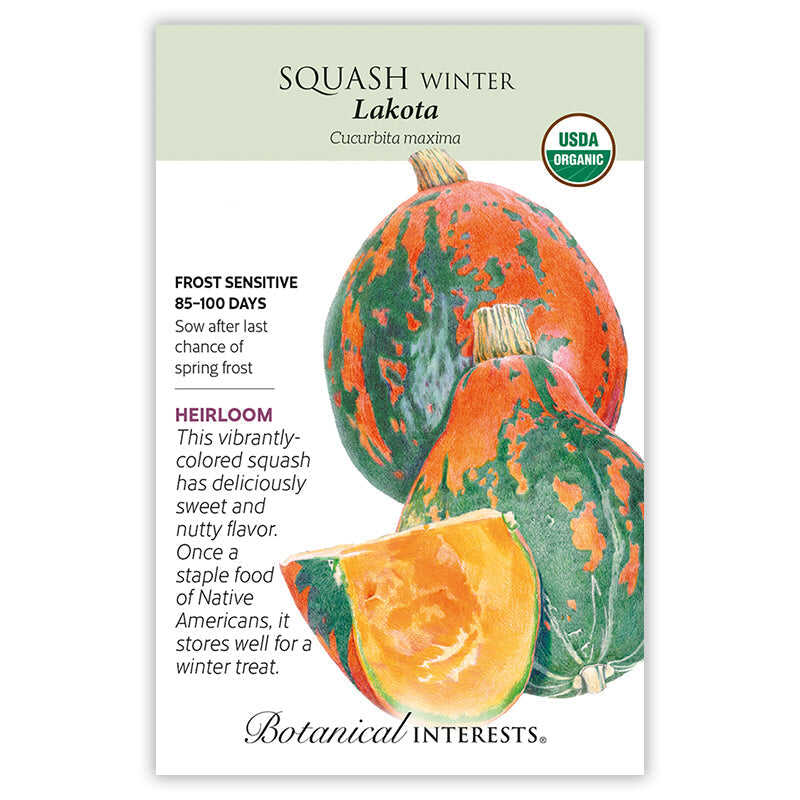 Seed packet for Lakota winter squash showing an illustration of orange-and-green mottled squash with a cut piece revealing bright orange flesh, plus text noting it's frost sensitive, matures in 85-100 days, and an heirloom USDA organic variety.
