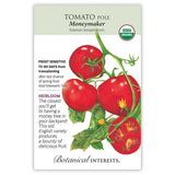 Seed packet for Tomato Pole Moneymaker with images of tomatoes and botanical information.