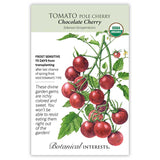 Seed packet for Chocolate Cherry Pole Cherry Tomato, USDA Organic, illustrated with clusters of deep reddish-brown cherry tomatoes on a leafy vine, and text noting it's frost sensitive, 70 days from transplanting, an indeterminate type with richly colored, sweet fruit.