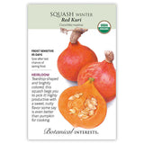 Seed packet for Red Kuri Winter Squash showing an illustration of two whole teardrop-shaped, deep orange-red squash with dried stems and a cross-section revealing orange flesh and seeds, with text noting it's an heirloom, USDA organic, frost sensitive, 95 days to maturity.