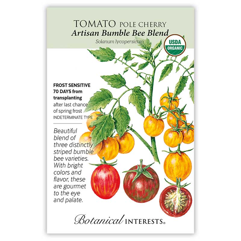 Seed packet for Tomato Pole Cherry with botanical illustration and botanical information.