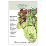 Seed packet for Botanical Interests for New Red Fire Lettuce with illustration and growing information.