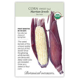 Seed packet for Martian Jewels sweet corn illustrating an ear with deep-violet husks peeled back to reveal pale creamy-white kernels, alongside a closed unpeeled ear, with text noting frost sensitivity, 80-90 day maturity, and USDA Organic certification.