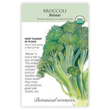 Seed packet for Belstar organic broccoli featuring a detailed illustration of a broccoli head with tightly clustered green florets and thick stalk, alongside USDA Organic seal and text noting frost tolerance, 65–70 day maturity, and heat resistance.