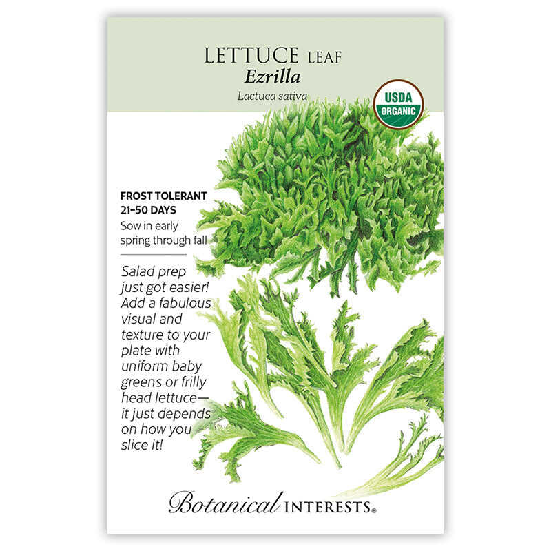 Seed packet for Ezrilla Leaf Lettuce showing an illustration of frilly, tightly curled bright green lettuce leaves, with a USDA Organic seal and text noting it's frost tolerant, ready in 21–50 days, sown early spring through fall.