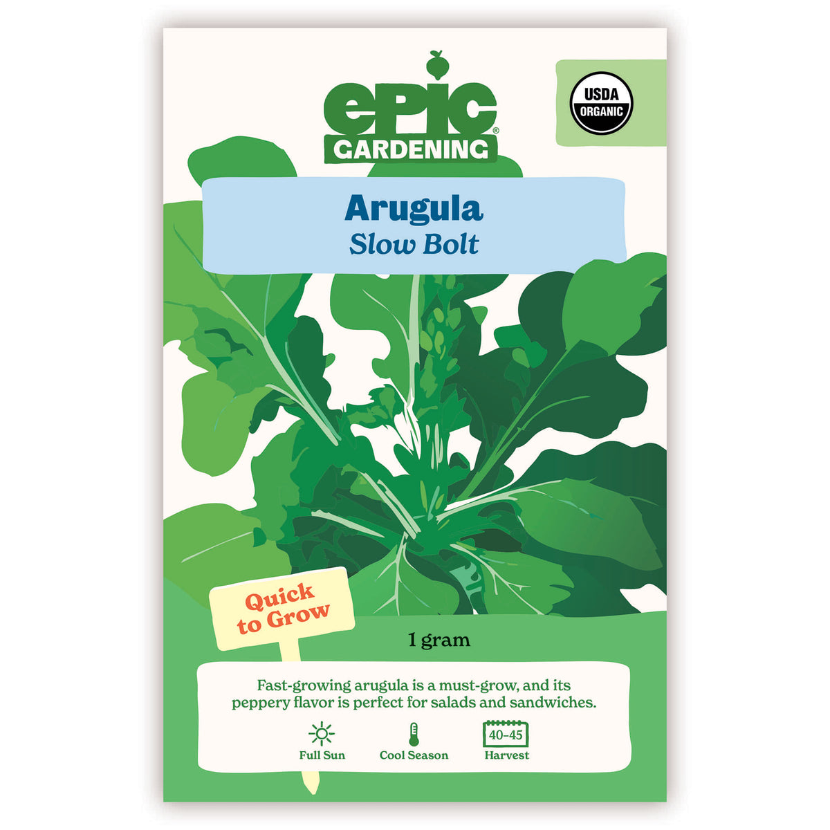 An Epic Gardening Slow Bolt Arugula seed packet featuring an illustration of lush green, lobed leaves, a "Heat Tolerant" callout, and seed weight on a plain white background.
