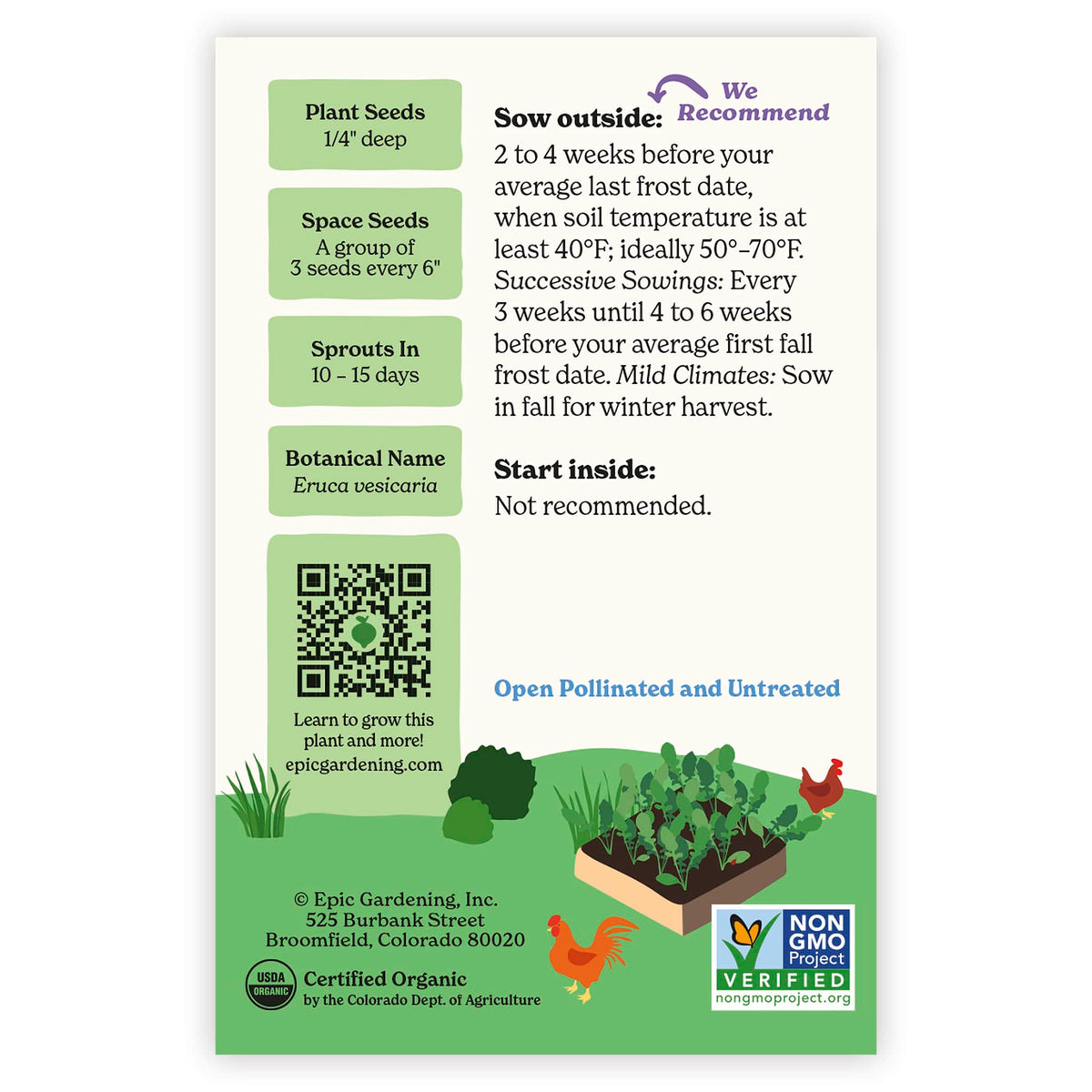 Back of an Epic Gardening Slow Bolt Arugula seed packet showing planting instructions, sowing guidelines, a QR code, and a garden bed illustration on a plain white background.