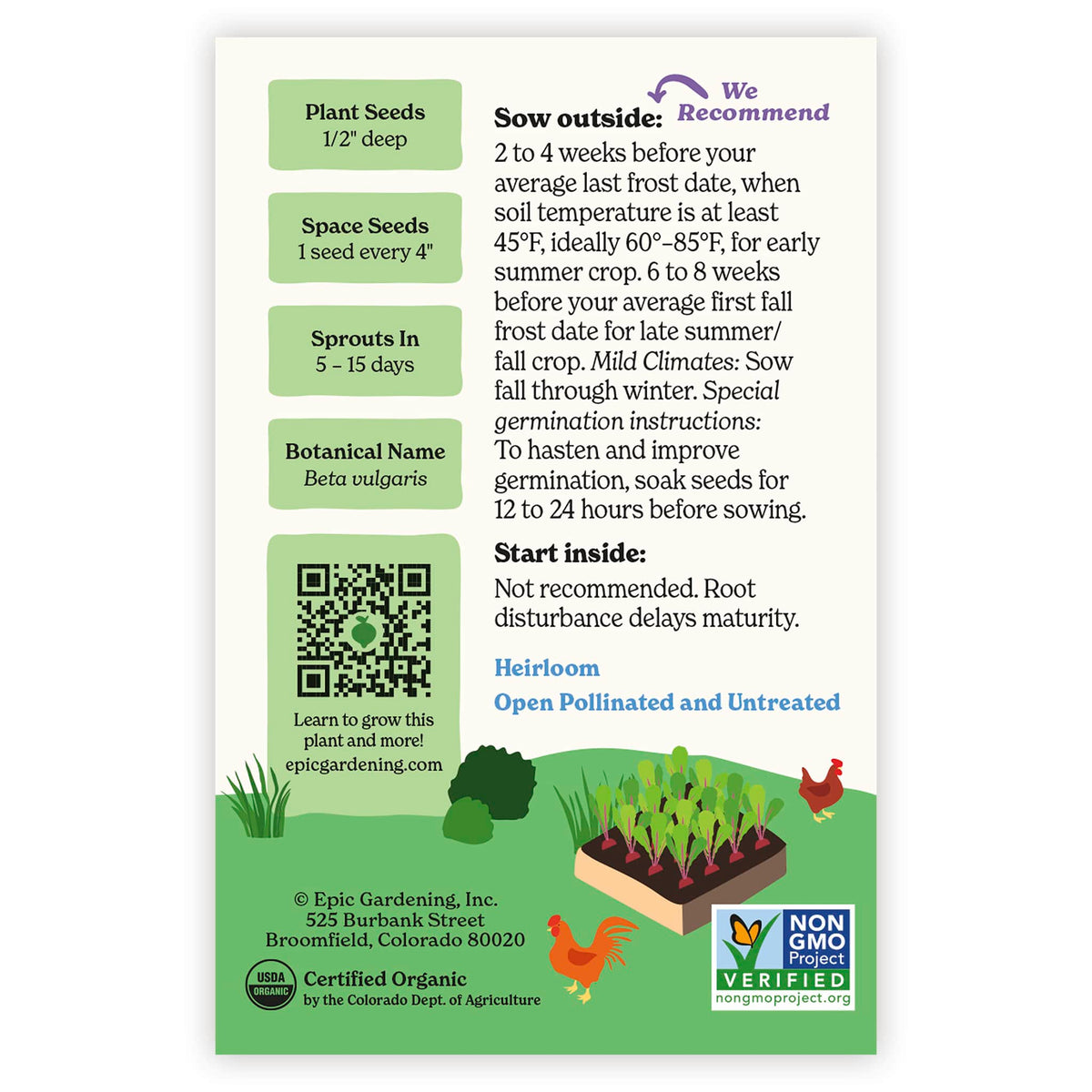 Back of an Epic Gardening USDA Organic Ruby Queen Beet seed packet showing planting instructions, sowing guidelines, a QR code, and a garden bed illustration on a plain white background.