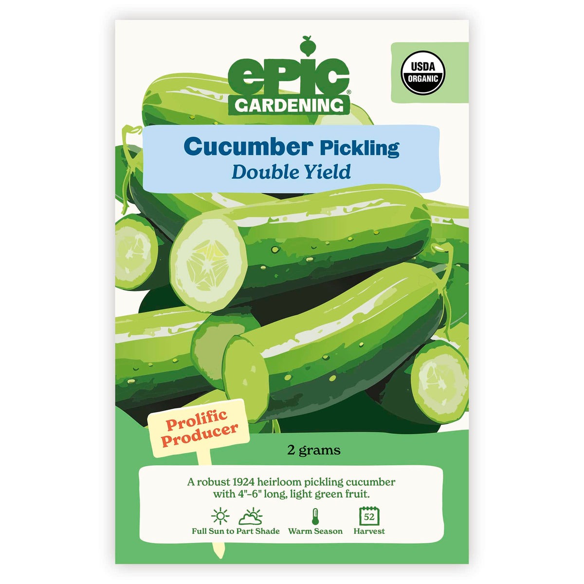 An Epic Gardening Double Yield Pickling Cucumber seed packet featuring an illustration of dark green cucumbers and sliced sections, a "Prolific Producer" callout, and 2 grams seed weight on a plain white background.