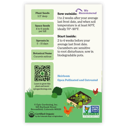 Back of an Epic Gardening Double Yield Pickling Cucumber seed packet showing planting instructions, sowing guidelines, a QR code, and a garden bed illustration on a plain white background.