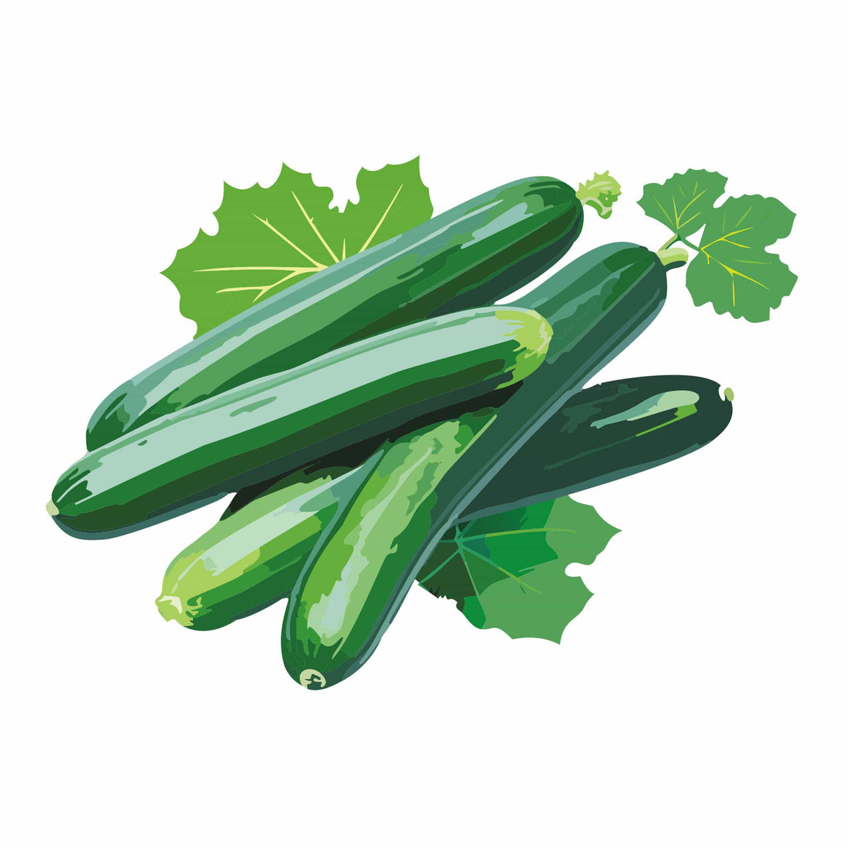 Detailed botanical illustration of smooth, dark green Tendergreen Burpless Cucumbers with leafy vines, isolated on a plain white background.
