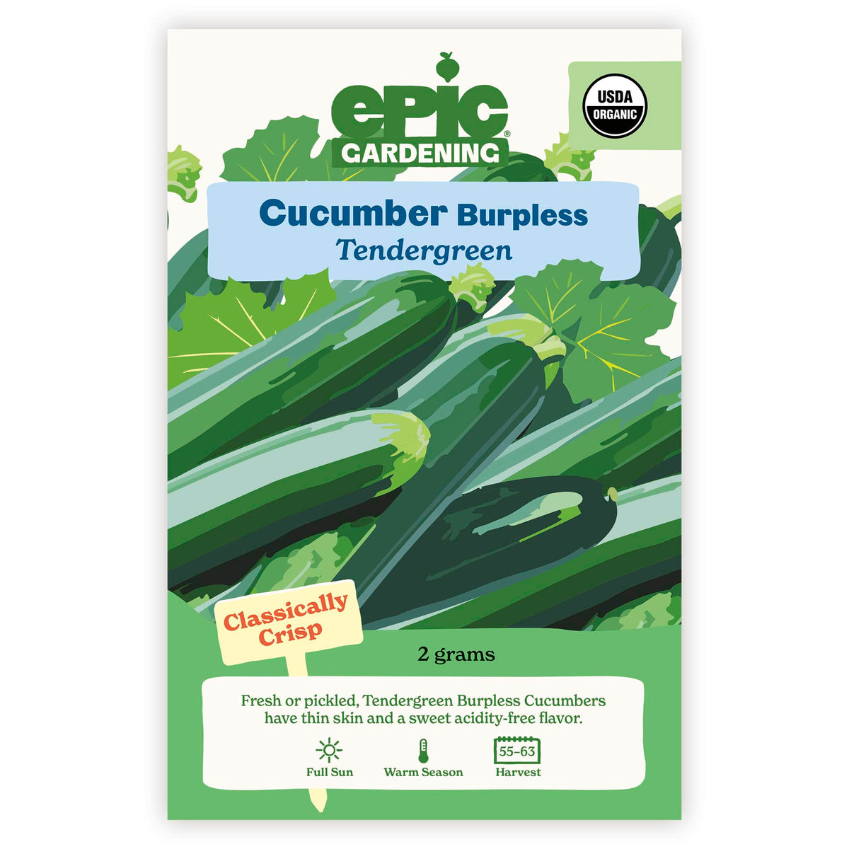 An Epic Gardening USDA Organic Tendergreen Burpless Cucumber seed packet featuring an illustration of smooth dark green cucumbers, a "Classically Crisp" callout, and 2 grams seed weight on a plain white background.