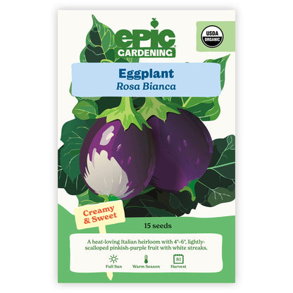Epic Gardening Eggplant Rosa Bianca seed packet on a white background