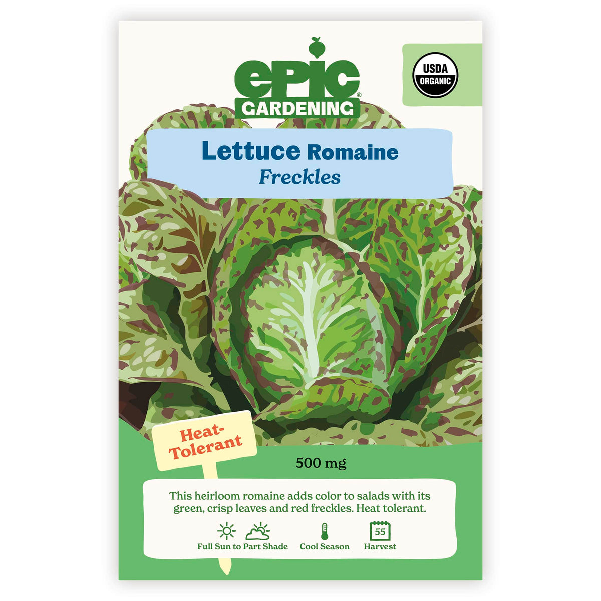 An Epic Gardening USDA Organic Freckles Romaine Lettuce seed packet featuring an illustration of green leaves dappled with red freckles, a "Heat-Tolerant" callout, and 500 mg seed weight on a plain white background.