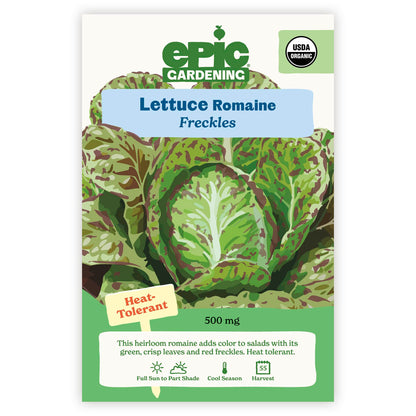 An Epic Gardening USDA Organic Freckles Romaine Lettuce seed packet featuring an illustration of green leaves dappled with red freckles, a "Heat-Tolerant" callout, and 500 mg seed weight on a plain white background.