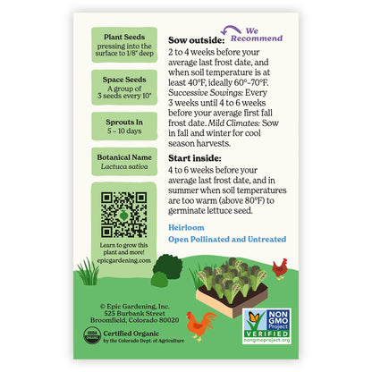 Back of an Epic Gardening USDA Organic Freckles Romaine Lettuce seed packet showing planting instructions, sowing guidelines, a QR code, and a garden bed illustration on a plain white background.