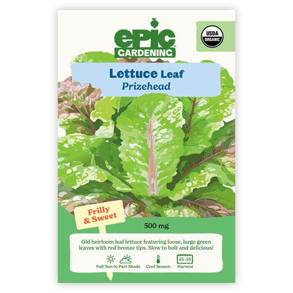 An Epic Gardening USDA Organic Prizehead Leaf Lettuce seed packet featuring an illustration of loose green leaves with red-bronze tips, a "Frilly & Sweet" callout, and 500 mg seed weight on a plain white background.