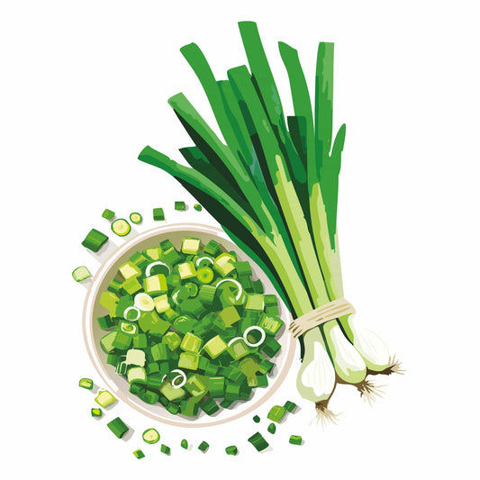 Detailed botanical illustration of a bunch of upright Warrior Bunching Onions alongside a bowl filled with chopped green onions, isolated on a plain white background.