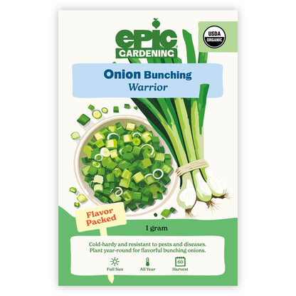 An Epic Gardening USDA Organic Warrior Bunching Onion seed packet featuring an illustration of green onions alongside a bowl of chopped scallions, a "Flavor Packed" callout, and 1 gram seed weight on a plain white background.